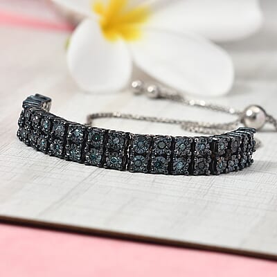 Blue Diamond Bolo Bracelet in Blue Rhodium and Sterling Silver 0.50 ctw