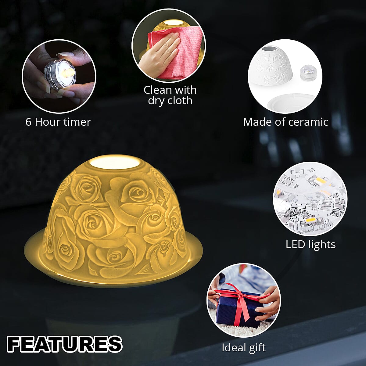 Set of 2 Rose Engraved Ceramic Candle Holders with LED Light (5x3 in) image number 1