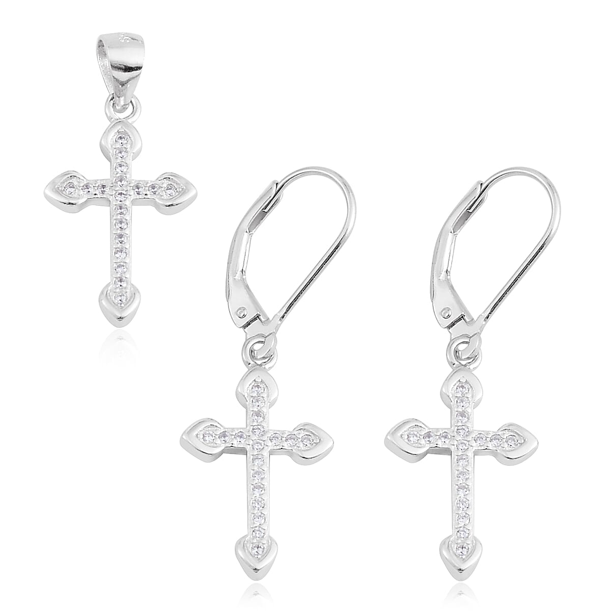 White CZ Sterling Silver Lever Back Earrings and Cross Pendant without Chain 0.54 ctw