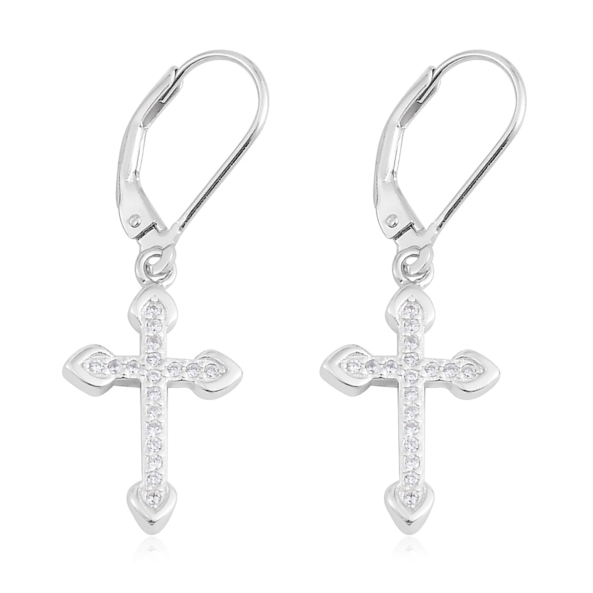 White CZ Sterling Silver Lever Back Earrings and Cross Pendant without Chain 0.54 ctw