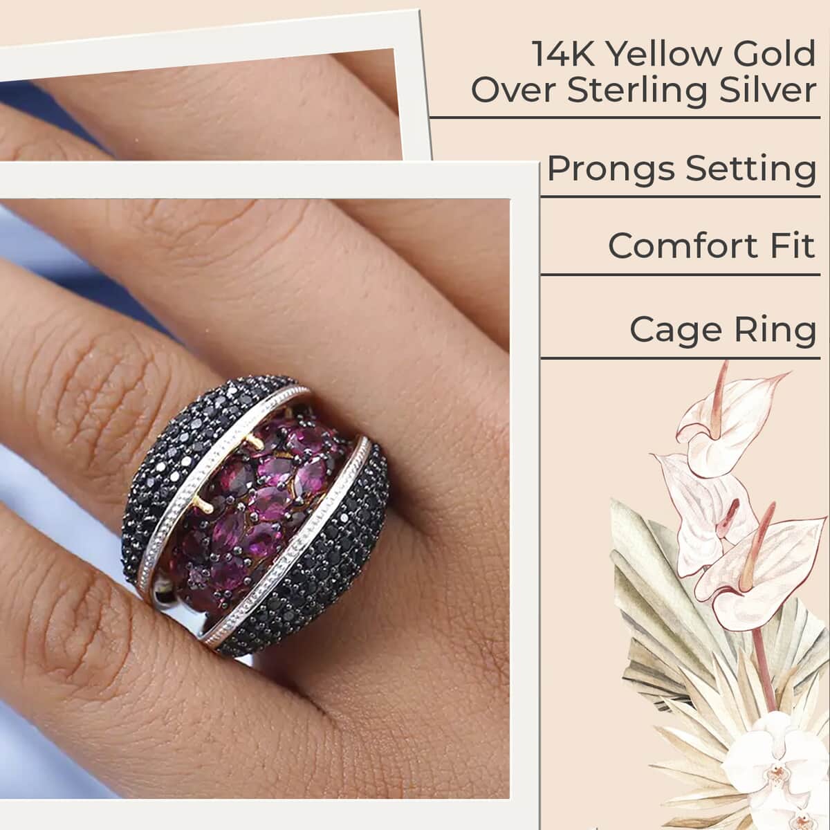 GP Special Collection Orissa Rhodolite Garnet and Thai Black Spinel Multi Wear Cage Ring in 14K Yellow Gold Over Sterling Silver (Size 8.0) 7.10 ctw image number 2