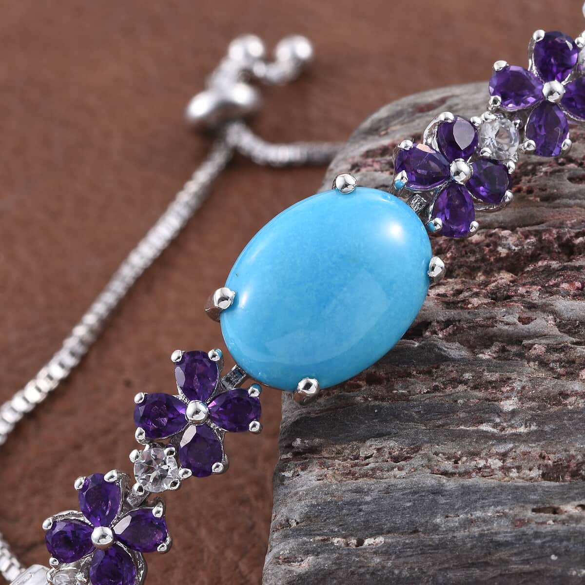 Arizona Sleeping Beauty Turquoise and Multi Gemstone Bolo Bracelet in Platinum Over Sterling Silver 9.60 Grams 10.80 ctw image number 1