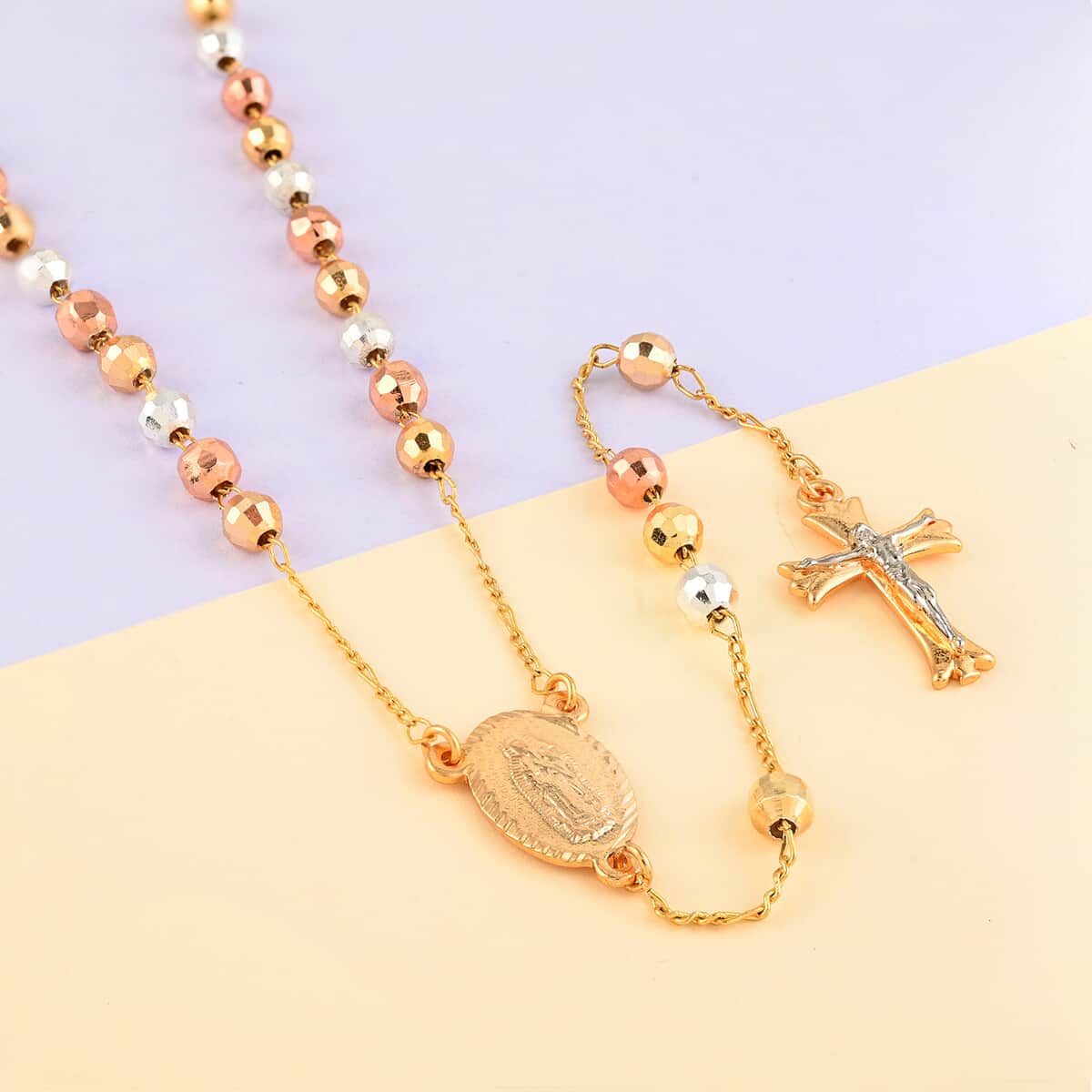 Rosary Style 26 Inch Cross Necklace in Tri-Tone, Gift For Birthday Anniversary image number 1