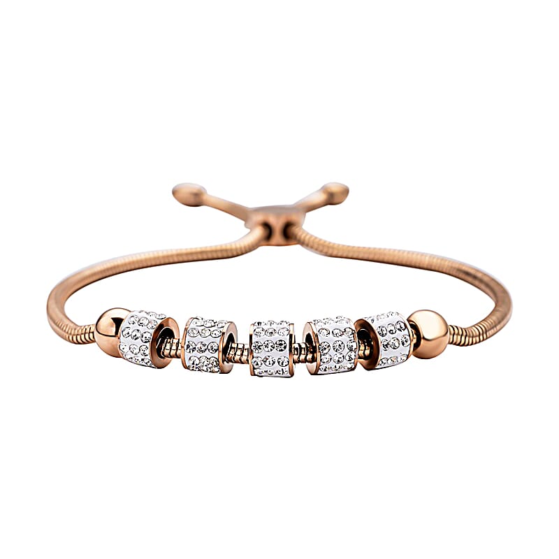 White Austrian Crystal Beaded Bolo Bracelet in ION Plated Rose Gold Stainless Steel