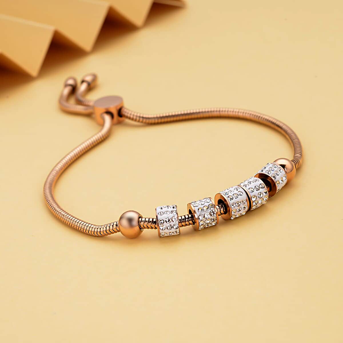 White Austrian Crystal Beaded Bolo Bracelet in ION Plated Rose Gold Stainless Steel image number 1