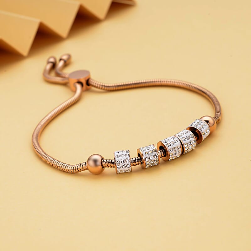 White Austrian Crystal Beaded Bolo Bracelet in ION Plated Rose Gold Stainless Steel