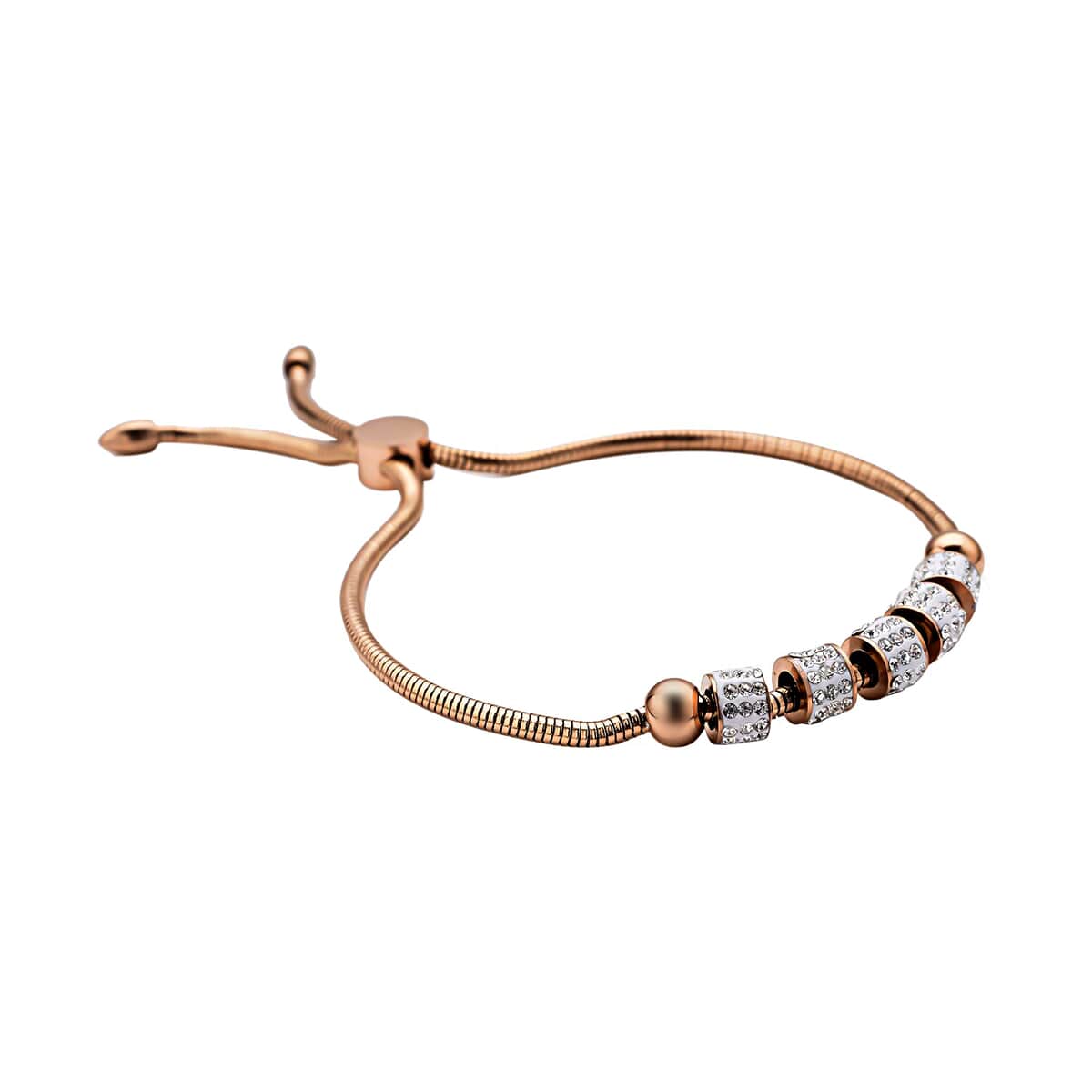 White Austrian Crystal Beaded Bolo Bracelet in ION Plated Rose Gold Stainless Steel image number 2