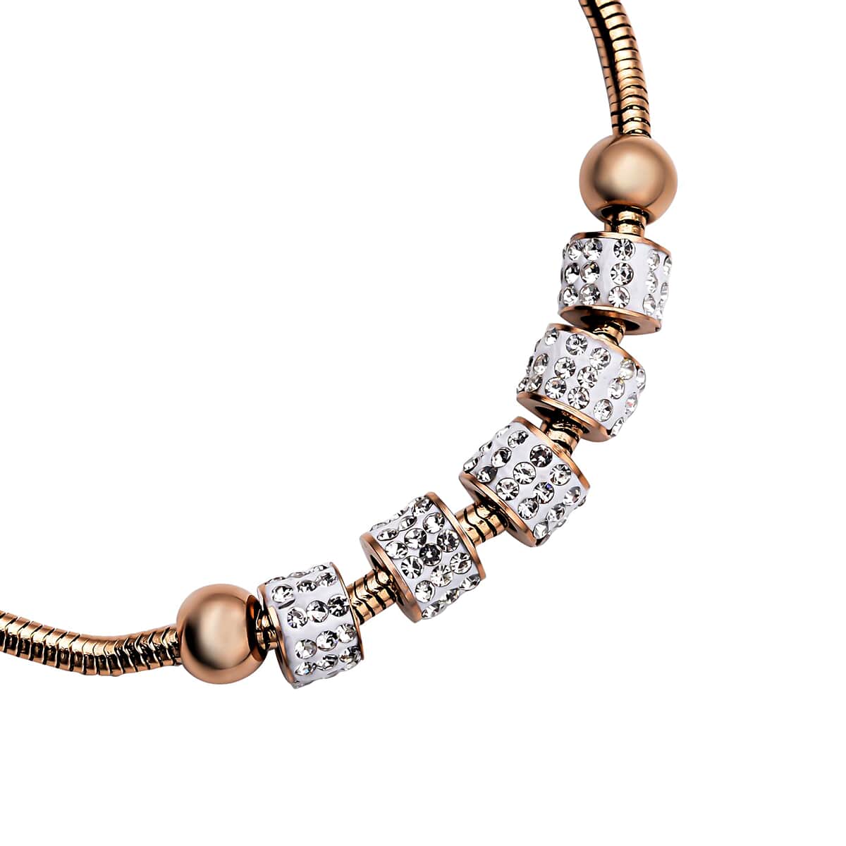 White Austrian Crystal Beaded Bolo Bracelet in ION Plated Rose Gold Stainless Steel image number 3