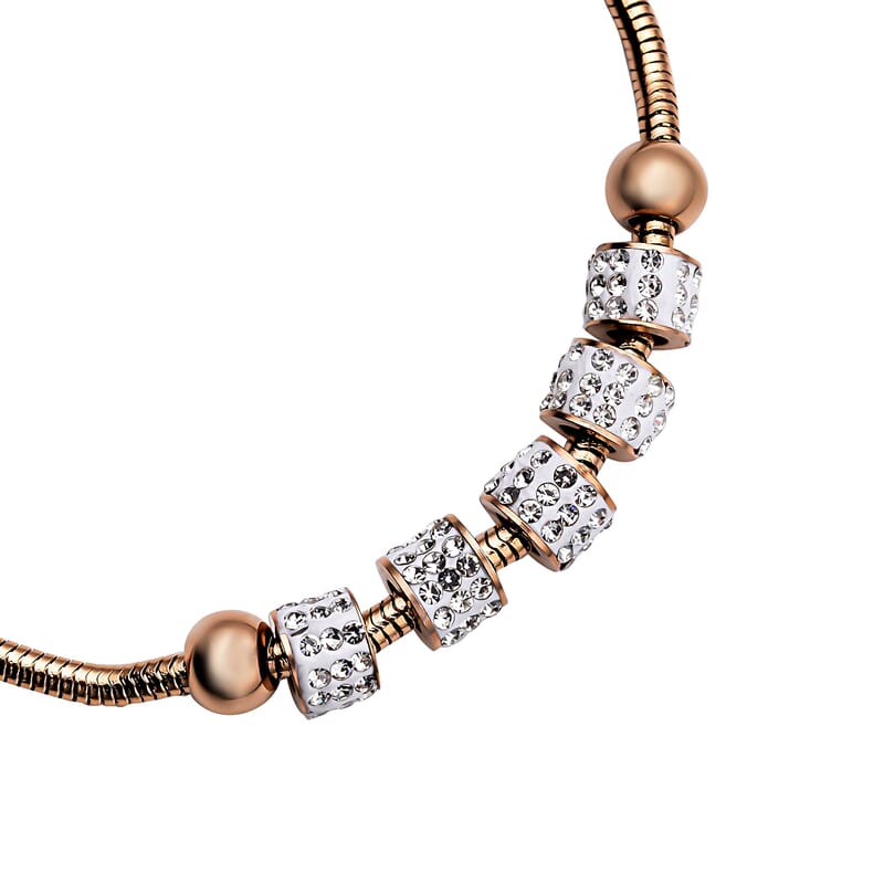White Austrian Crystal Beaded Bolo Bracelet in ION Plated Rose Gold Stainless Steel