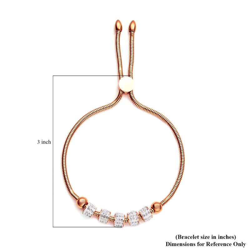 White Austrian Crystal Beaded Bolo Bracelet in ION Plated Rose Gold Stainless Steel