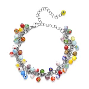 Multi Color Murano Style Beaded Charm Anklet in Stainless Steel 9-11 Inches