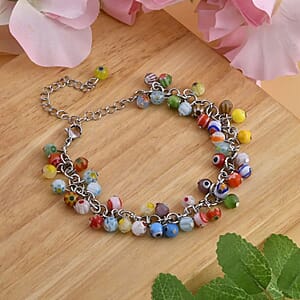 Multi Color Murano Style Beaded Charm Anklet in Stainless Steel 9-11 Inches