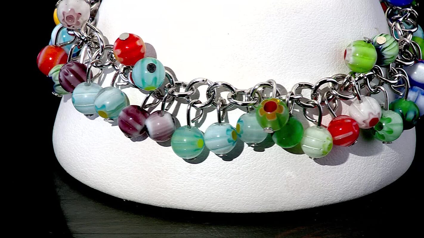 Multi Color Murano Style Beaded Charm Anklet 9-11 Inches in Stainless Steel