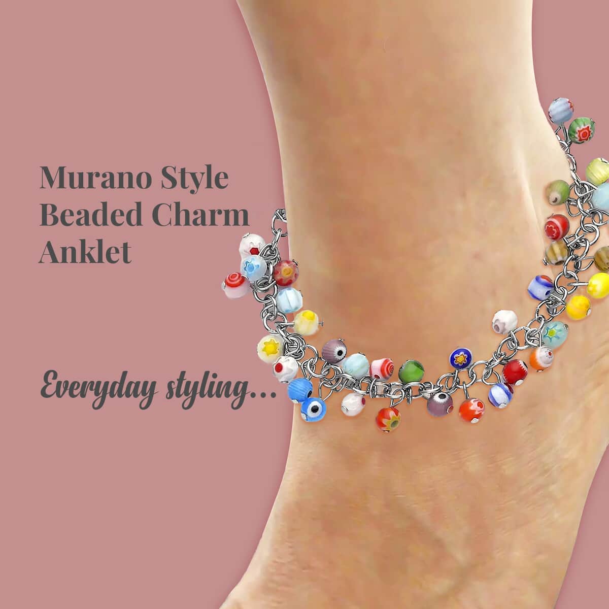 Multi Color Murano Style Beaded Charm Anklet 9-11 Inches in Stainless Steel image number 2