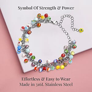 Multi Color Murano Style Beaded Charm Anklet in Stainless Steel 9-11 Inches