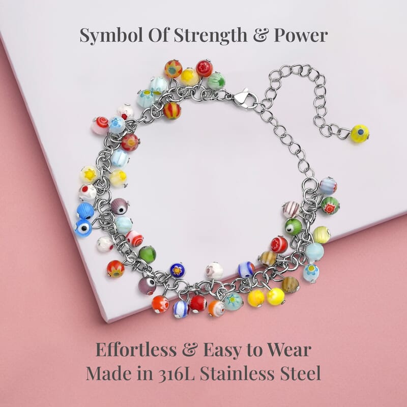 Multi Color Murano Style Beaded Charm Anklet in Stainless Steel 9-11 Inches