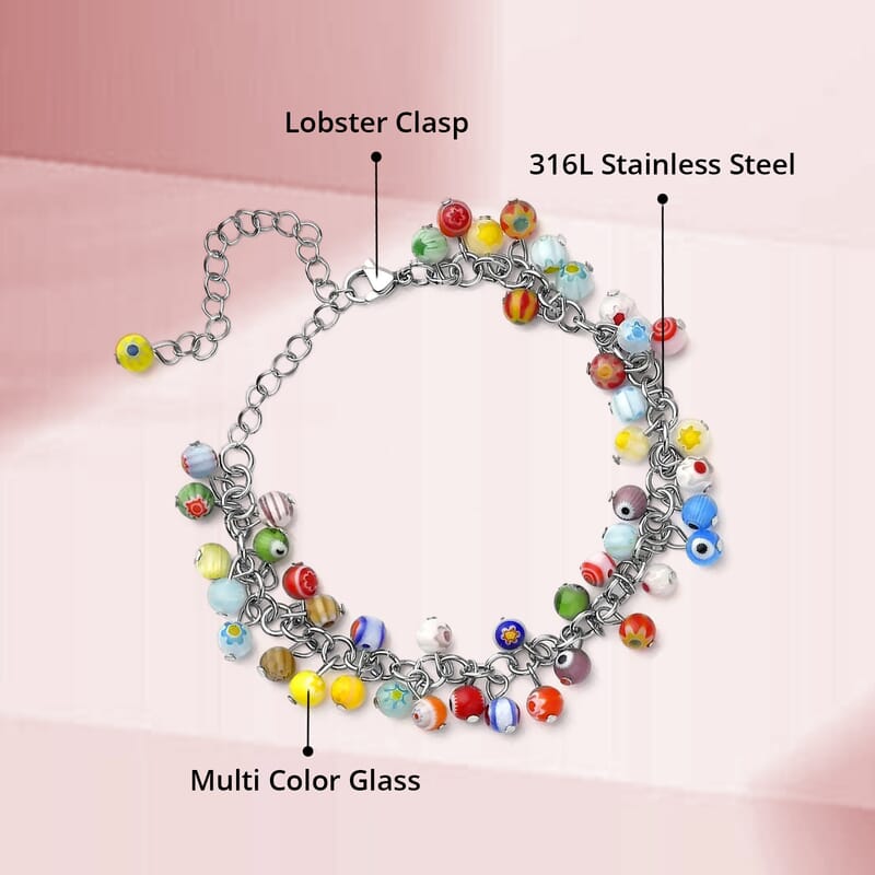 Multi Color Murano Style Beaded Charm Anklet in Stainless Steel 9-11 Inches