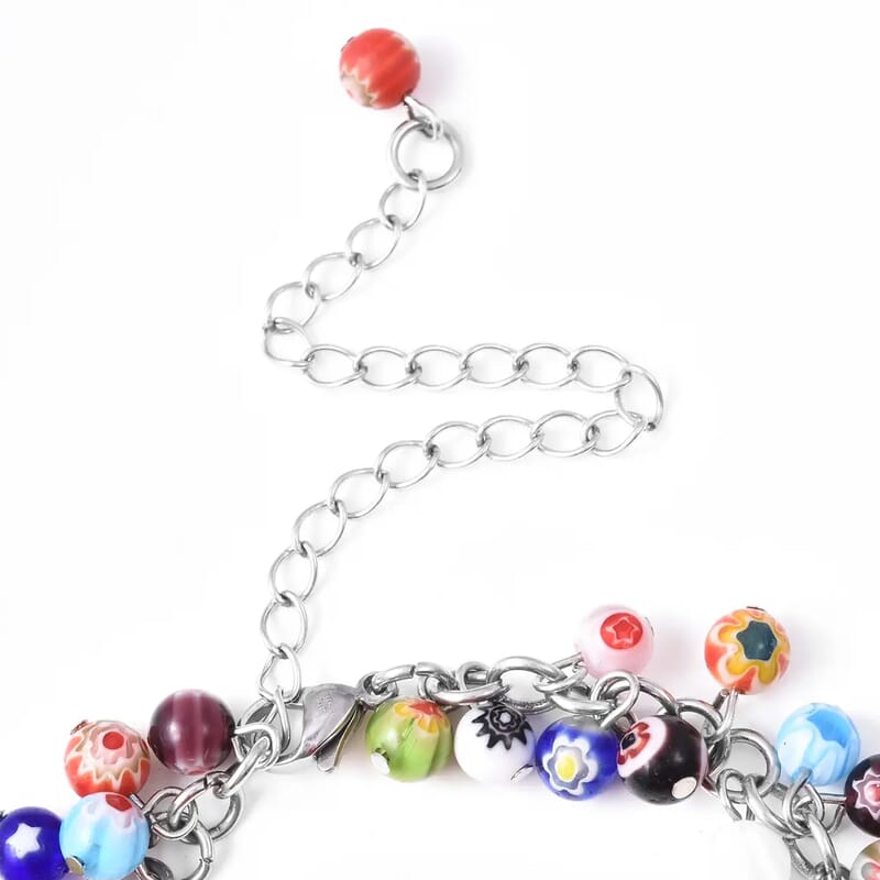 Multi Color Murano Style Beaded Charm Anklet in Stainless Steel 9-11 Inches