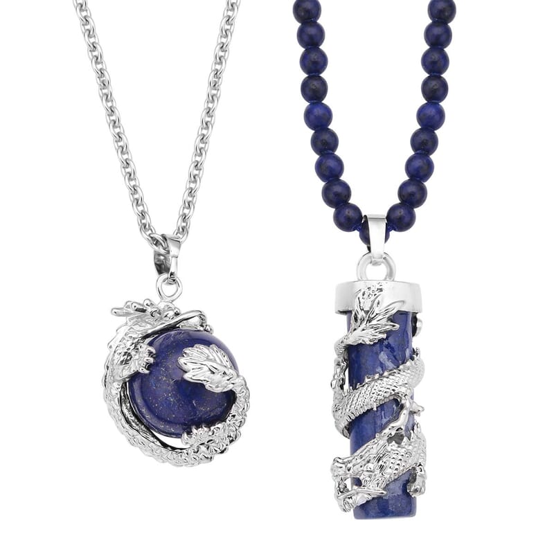 Lapis Lazuli Dragon Sphere Pendant Necklace (20 Inches) and Beaded Dragon Scroll Necklace (20-22 Inches) in Silvertone & Stainless Steel 215.75 ctw , Tarnish-Free, Waterproof, Sweat Proof Jewelry