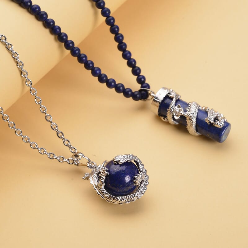 Lapis Lazuli Dragon Sphere Pendant Necklace (20 Inches) and Beaded Dragon Scroll Necklace (20-22 Inches) in Silvertone & Stainless Steel 215.75 ctw , Tarnish-Free, Waterproof, Sweat Proof Jewelry