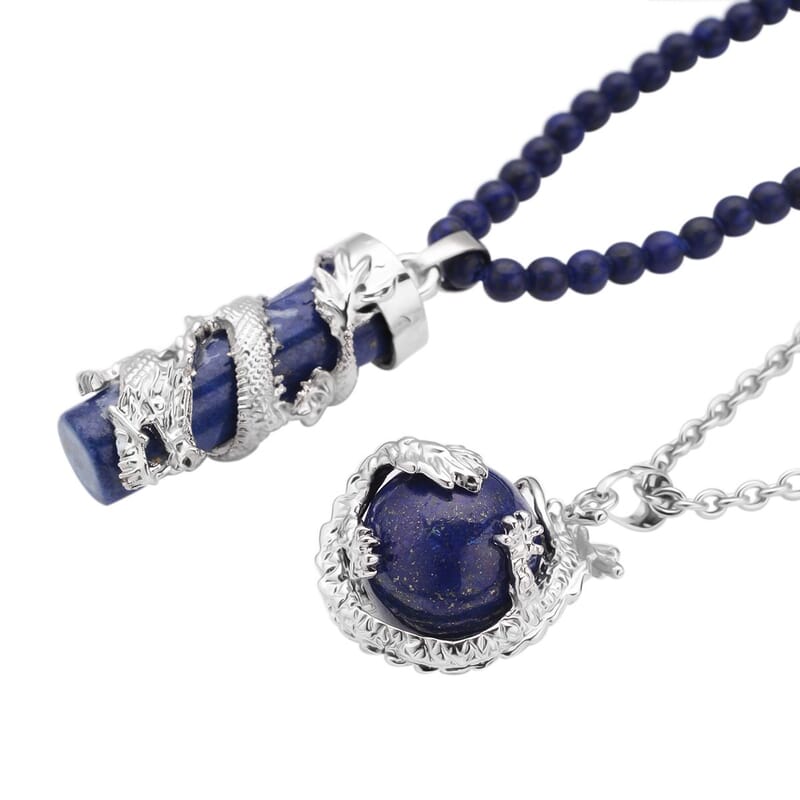 Lapis Lazuli Dragon Sphere Pendant Necklace (20 Inches) and Beaded Dragon Scroll Necklace (20-22 Inches) in Silvertone & Stainless Steel 215.75 ctw , Tarnish-Free, Waterproof, Sweat Proof Jewelry