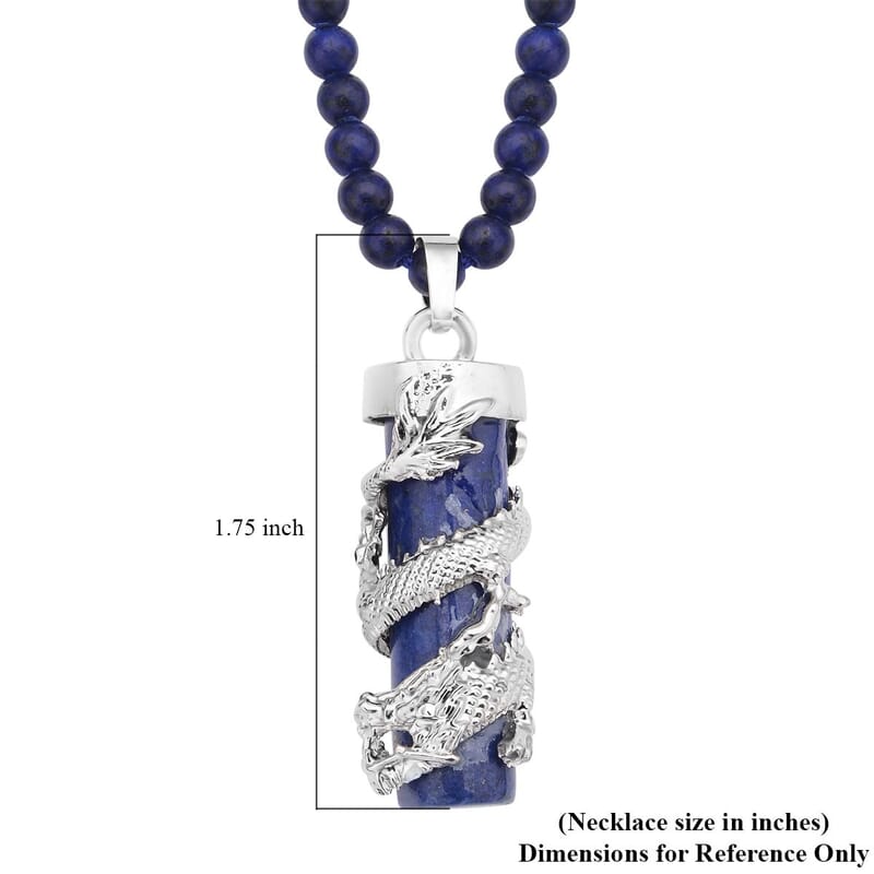 Lapis Lazuli Dragon Sphere Pendant Necklace (20 Inches) and Beaded Dragon Scroll Necklace (20-22 Inches) in Silvertone & Stainless Steel 215.75 ctw , Tarnish-Free, Waterproof, Sweat Proof Jewelry