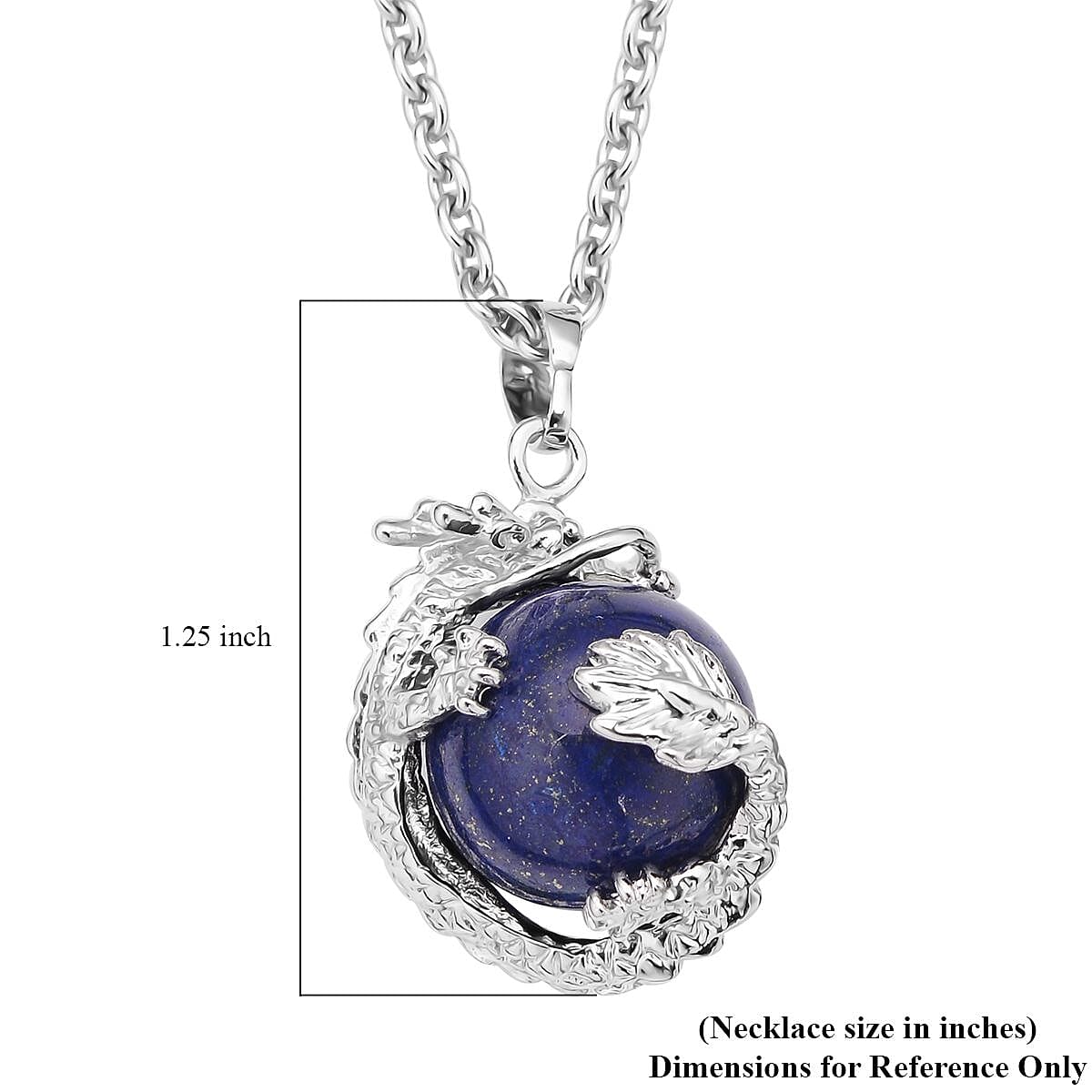 Lapis Lazuli Dragon Sphere Pendant Necklace (20 Inches) and Beaded Dragon Scroll Necklace (20-22 Inches) in Silvertone & Stainless Steel 215.75 ctw , Tarnish-Free, Waterproof, Sweat Proof Jewelry image number 4