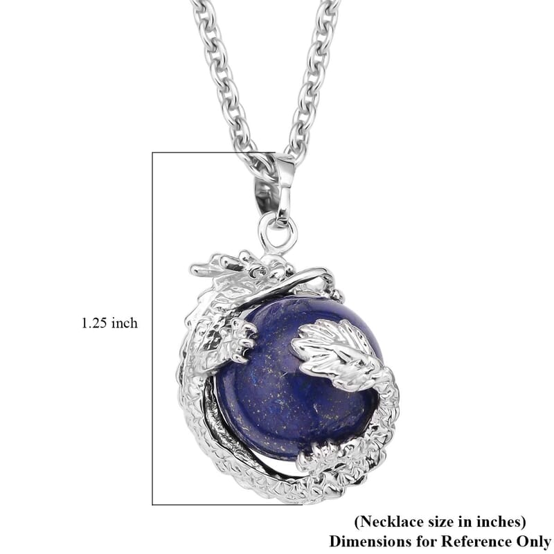 Lapis Lazuli Dragon Sphere Pendant Necklace (20 Inches) and Beaded Dragon Scroll Necklace (20-22 Inches) in Silvertone & Stainless Steel 215.75 ctw , Tarnish-Free, Waterproof, Sweat Proof Jewelry
