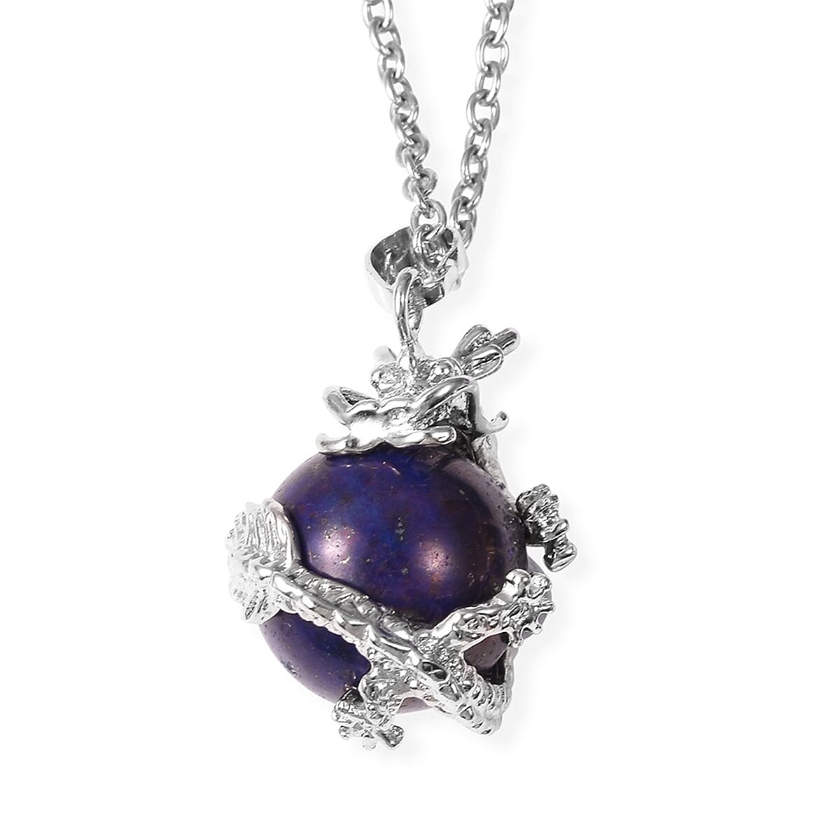 Lapis Lazuli Dragon Sphere Pendant Necklace (20 Inches) and Beaded Dragon Scroll Necklace (20-22 Inches) in Silvertone & Stainless Steel 215.75 ctw , Tarnish-Free, Waterproof, Sweat Proof Jewelry image number 5
