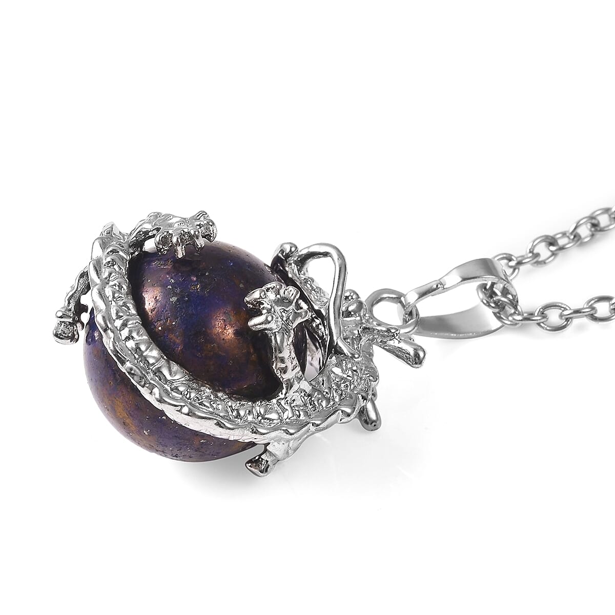 Lapis Lazuli Dragon Sphere Pendant Necklace (20 Inches) and Beaded Dragon Scroll Necklace (20-22 Inches) in Silvertone & Stainless Steel 215.75 ctw , Tarnish-Free, Waterproof, Sweat Proof Jewelry image number 6