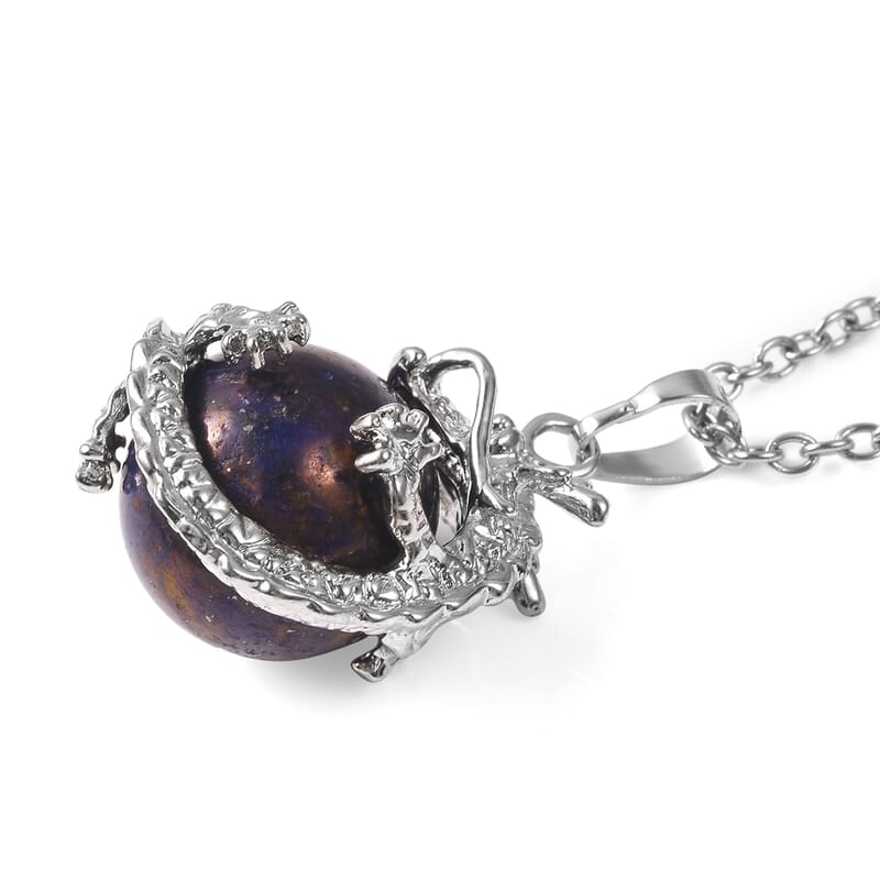 Lapis Lazuli Dragon Sphere Pendant Necklace (20 Inches) and Beaded Dragon Scroll Necklace (20-22 Inches) in Silvertone & Stainless Steel 215.75 ctw , Tarnish-Free, Waterproof, Sweat Proof Jewelry