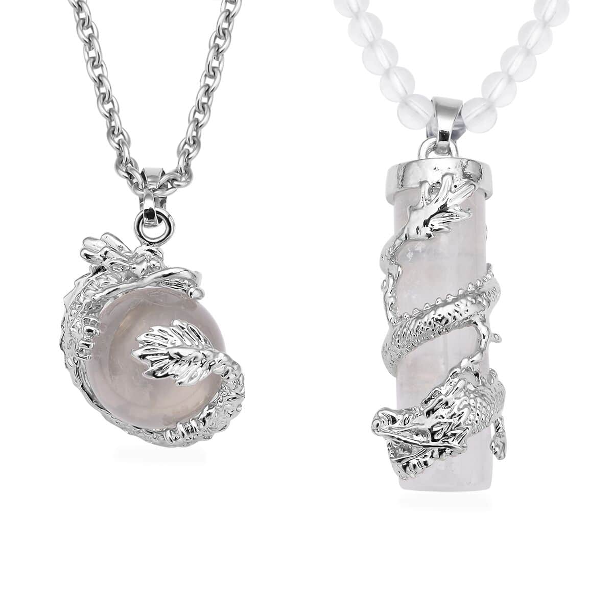 White Crystal Quartz Dragon Sphere Pendant Necklace (20 Inches) and Beaded Dragon Scroll Necklace (20-22 Inches) in Silvertone & Stainless Steel 153.25 ctw , Tarnish-Free, Waterproof, Sweat Proof Jewelry image number 0