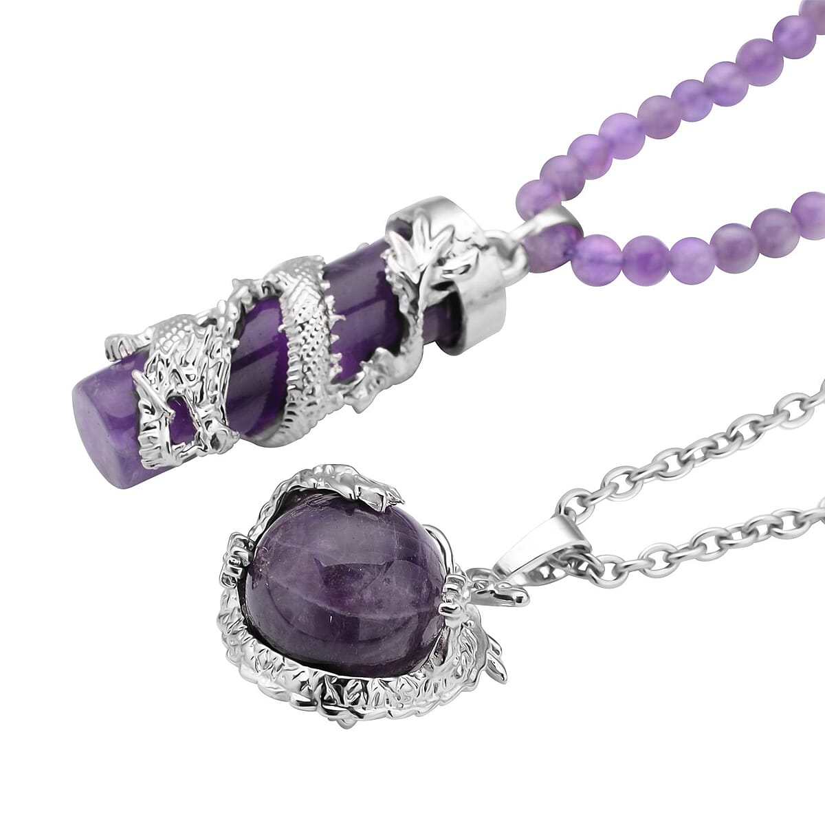 Amethyst Dragon Sphere Pendant Necklace (20 Inches) and Beaded Dragon Scroll Necklace (20-22 Inches) in Silvertone & Stainless Steel 176.25 ctw , Tarnish-Free, Waterproof, Sweat Proof Jewelry image number 2
