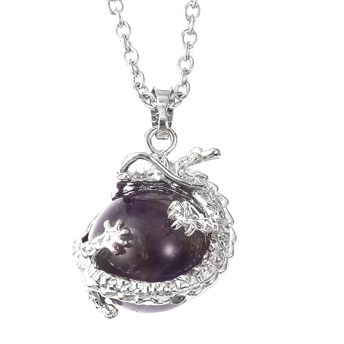 Amethyst Dragon Sphere Pendant Necklace (20 Inches) and Beaded Dragon Scroll Necklace (20-22 Inches) in Silvertone & Stainless Steel 176.25 ctw , Tarnish-Free, Waterproof, Sweat Proof Jewelry image number 5