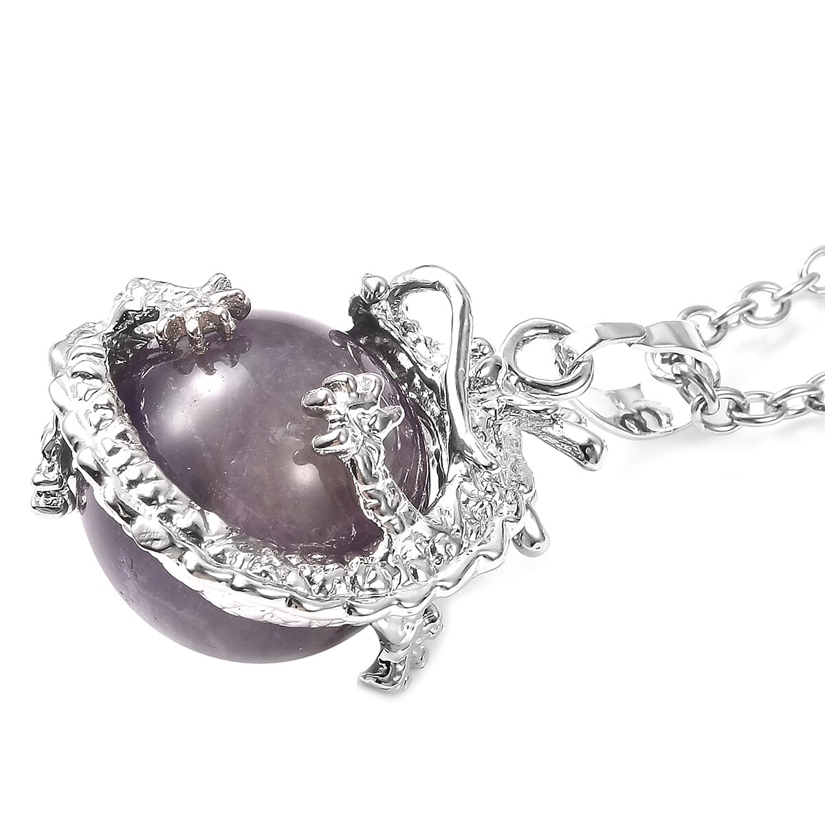 Amethyst Dragon Sphere Pendant Necklace (20 Inches) and Beaded Dragon Scroll Necklace (20-22 Inches) in Silvertone & Stainless Steel 176.25 ctw , Tarnish-Free, Waterproof, Sweat Proof Jewelry image number 6