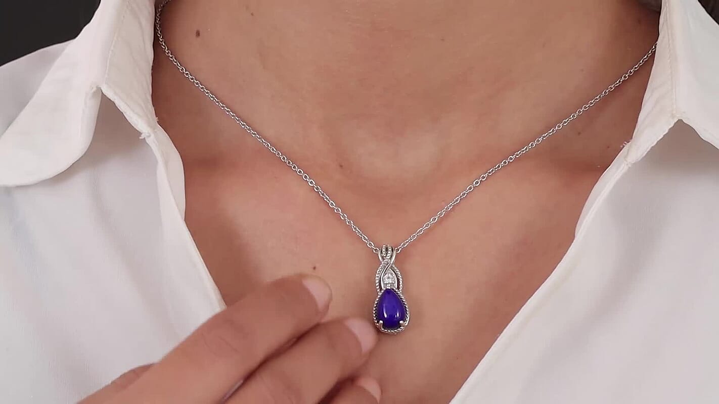 3.85 ctw Lapis Lazuli and White Topaz Pendant Necklace 20 Inch in Platinum Over Sterling Silver and Stainless Steel