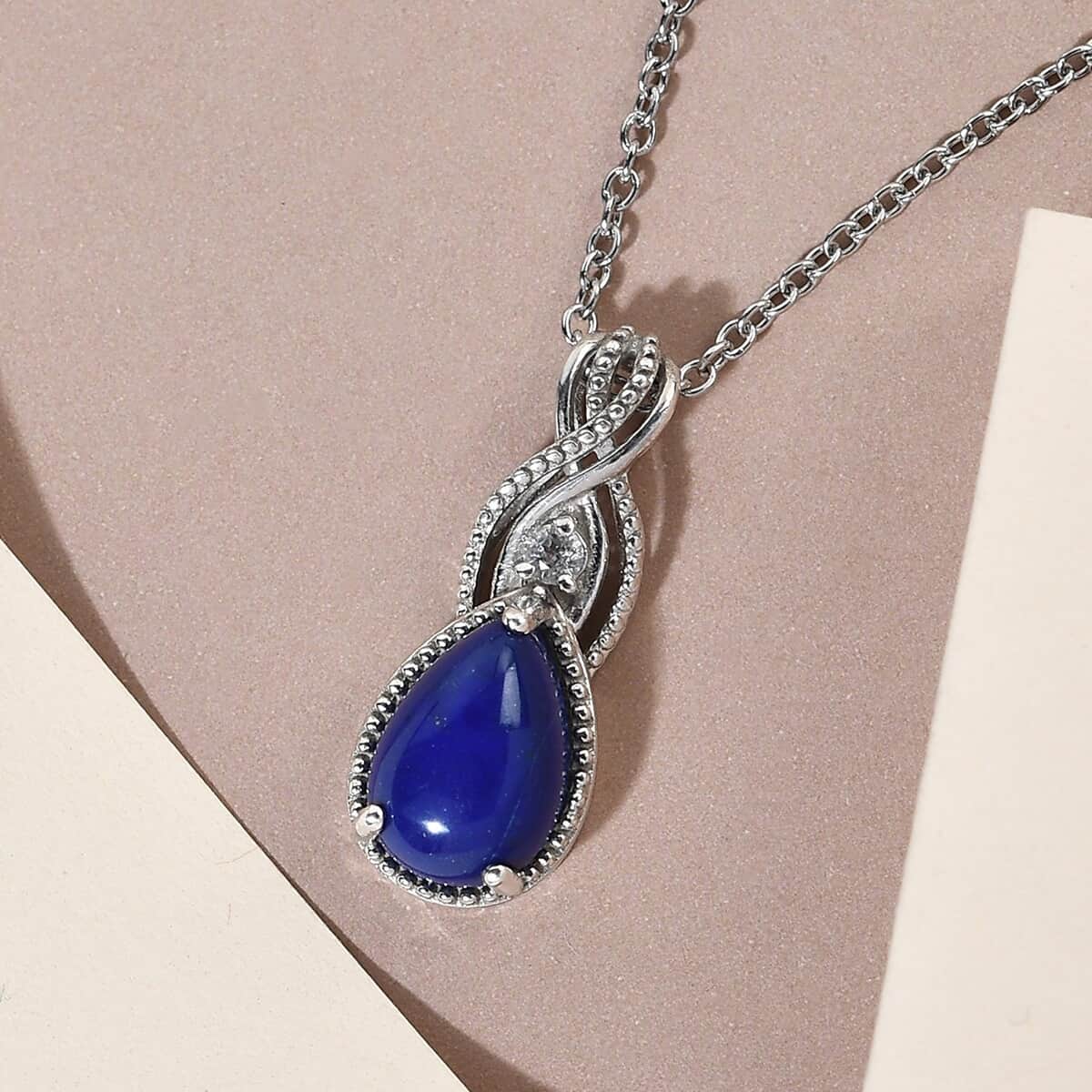 Lapis Lazuli and White Topaz Pendant in Platinum Over Sterling Silver with Stainless Steel Necklace 20 Inches 3.65 ctw image number 4