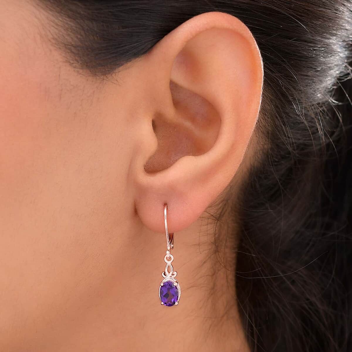 Amethyst Earrings, Amethyst Solitaire Earrings, Lever Back Earrings, 14K Rose Gold Plated Sterling Silver Earrings, Dangle Earrings 1.50 ctw image number 1