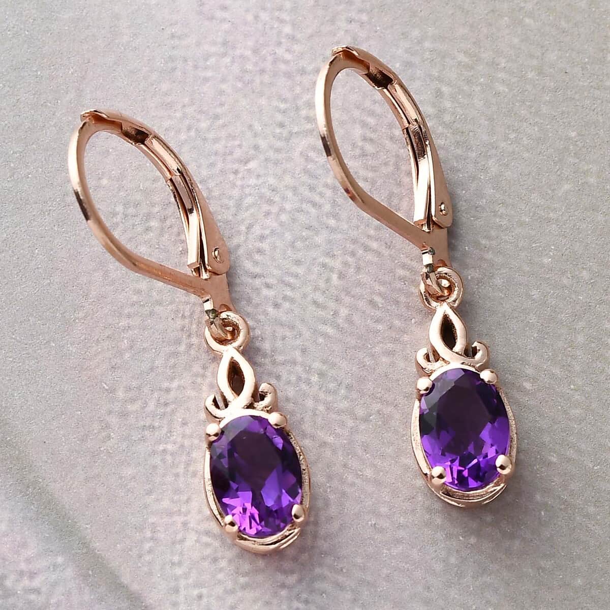 Amethyst Earrings, Amethyst Solitaire Earrings, Lever Back Earrings, 14K Rose Gold Plated Sterling Silver Earrings, Dangle Earrings 1.50 ctw image number 4