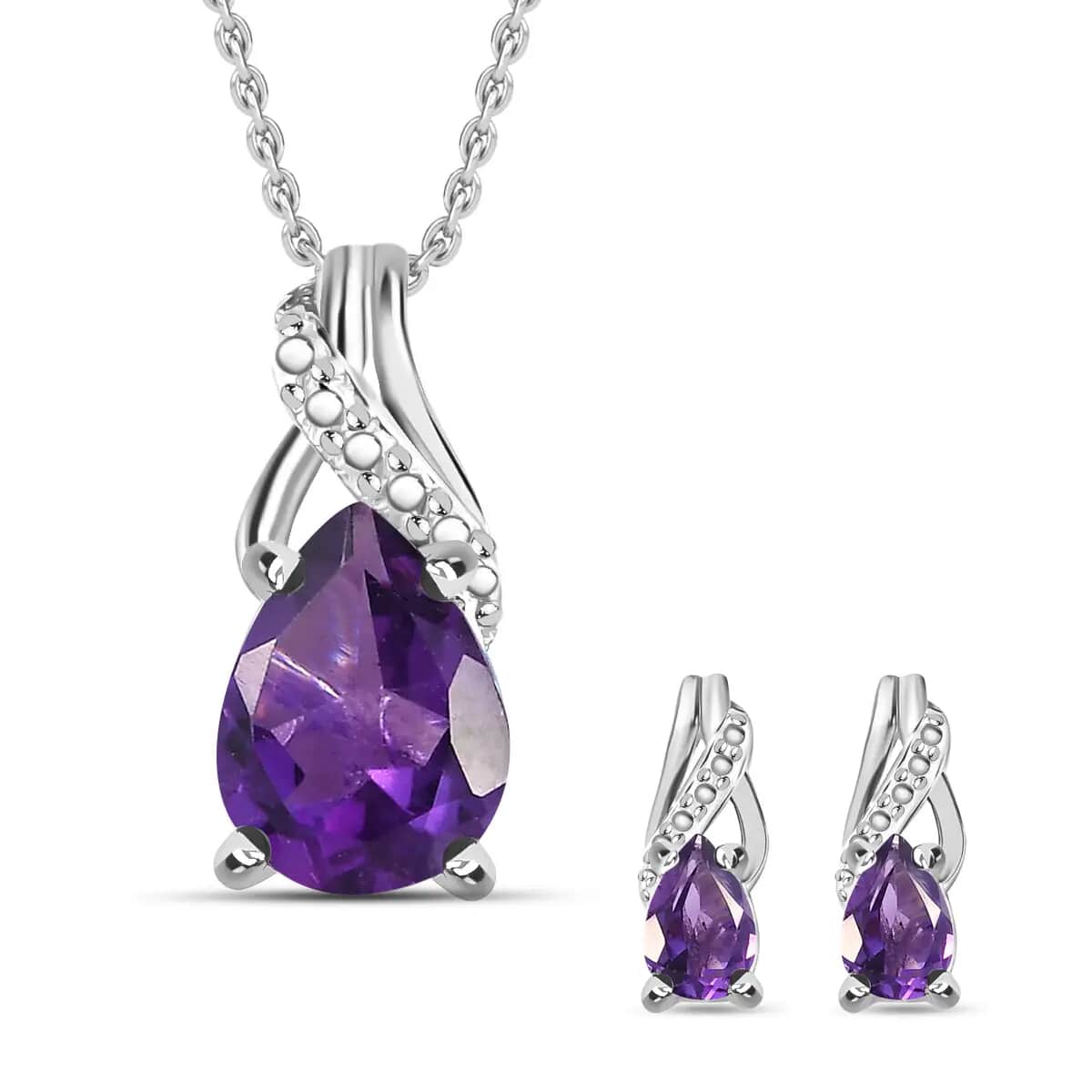 Amethyst Earrings and Pendant Necklace Jewelry Set, Sterling Silver and Stainless Steel Jewelry Set, Set of Amethyst Earrings and Amethyst Pendant Necklace 1.75 ctw image number 0