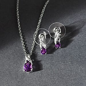 African Amethyst 1.75 ctw Earrings and Pendant Necklace Jewelry Set, Sterling Silver and Stainless Steel Jewelry Set, Set of Amethyst Earrings and Amethyst Pendant Necklace