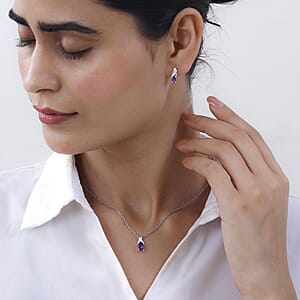 African Amethyst 1.75 ctw Earrings and Pendant Necklace Jewelry Set, Sterling Silver and Stainless Steel Jewelry Set, Set of Amethyst Earrings and Amethyst Pendant Necklace