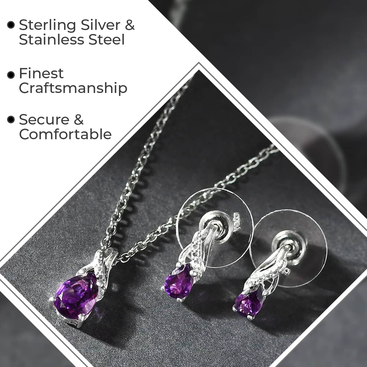Amethyst Earrings and Pendant Necklace Jewelry Set, Sterling Silver and Stainless Steel Jewelry Set, Set of Amethyst Earrings and Amethyst Pendant Necklace 1.75 ctw image number 3