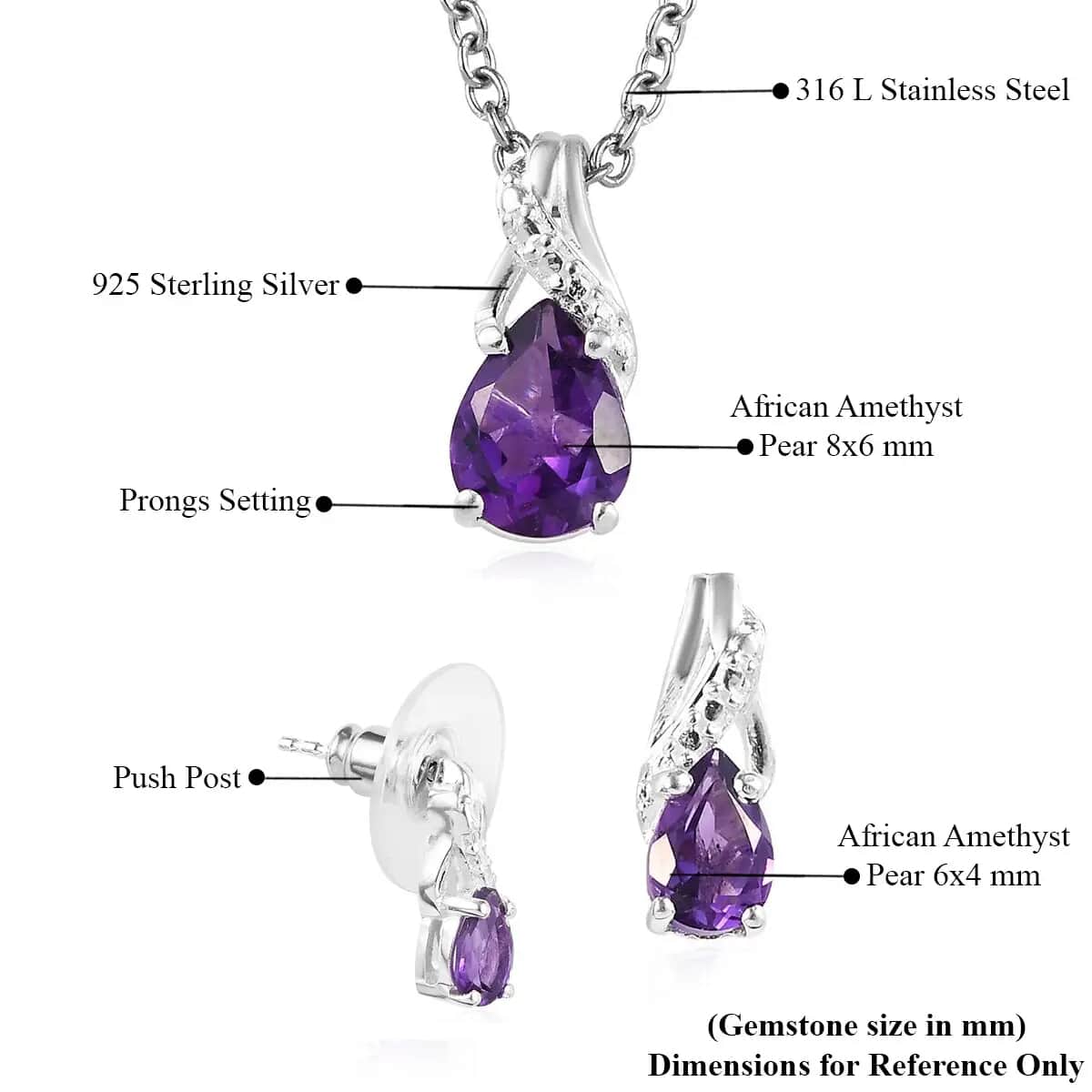 Amethyst Earrings and Pendant Necklace Jewelry Set, Sterling Silver and Stainless Steel Jewelry Set, Set of Amethyst Earrings and Amethyst Pendant Necklace 1.75 ctw image number 7