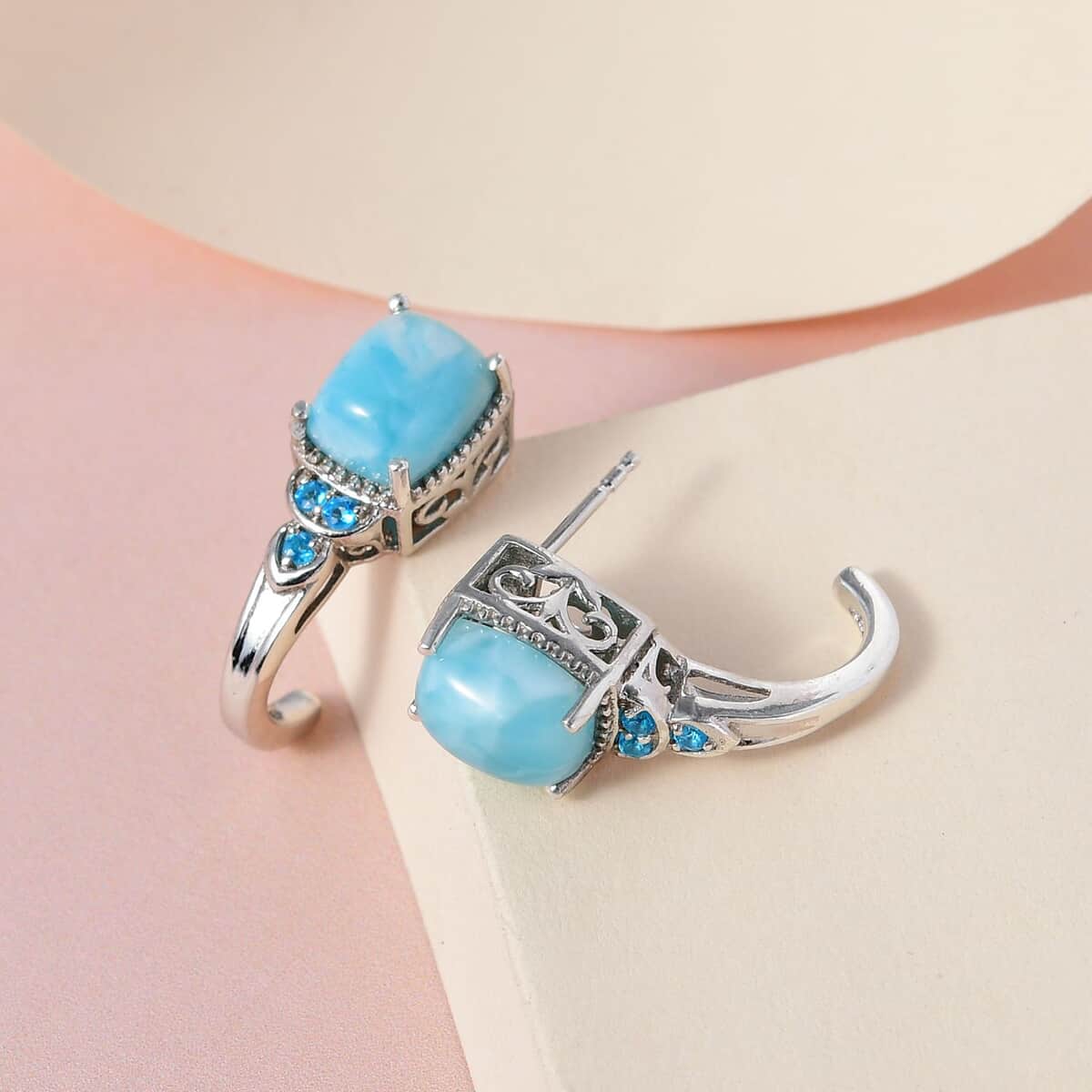 Larimar and Malgache Neon Apatite J-Hoop Earrings in Platinum Over Sterling Silver 6.65 ctw image number 3