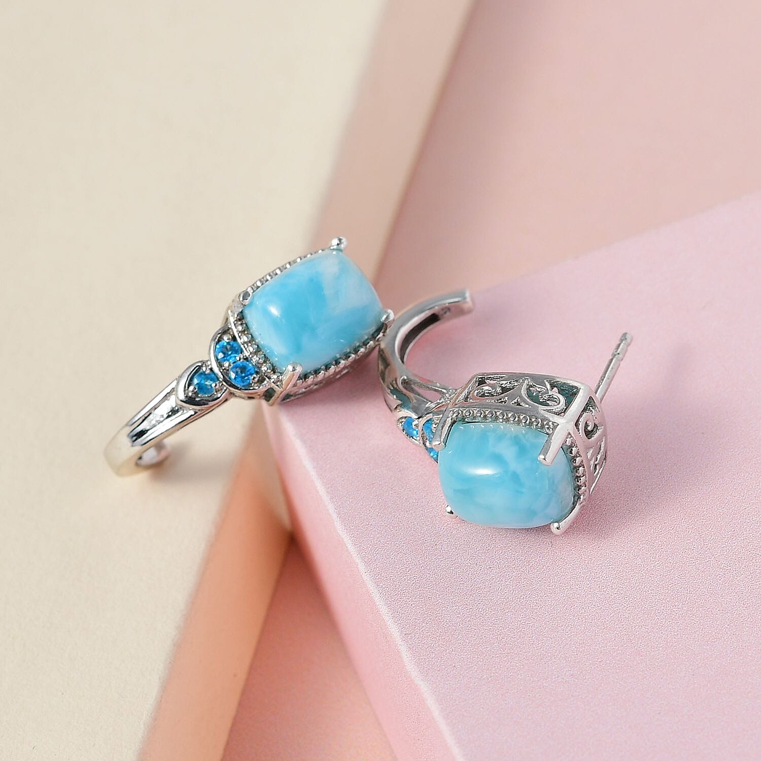 D'Joy Larimar and Malgache Neon Apatite 5.65 ctw J-Hoop Earrings in Platinum Over Sterling Silver