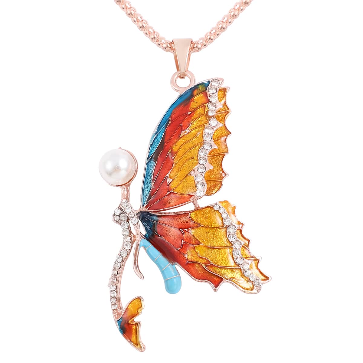 Butterfly Simulated Pearl and White Austrian Crystal Enameled Fairy Pendant Necklace 28 Inches in in Rosetone image number 0