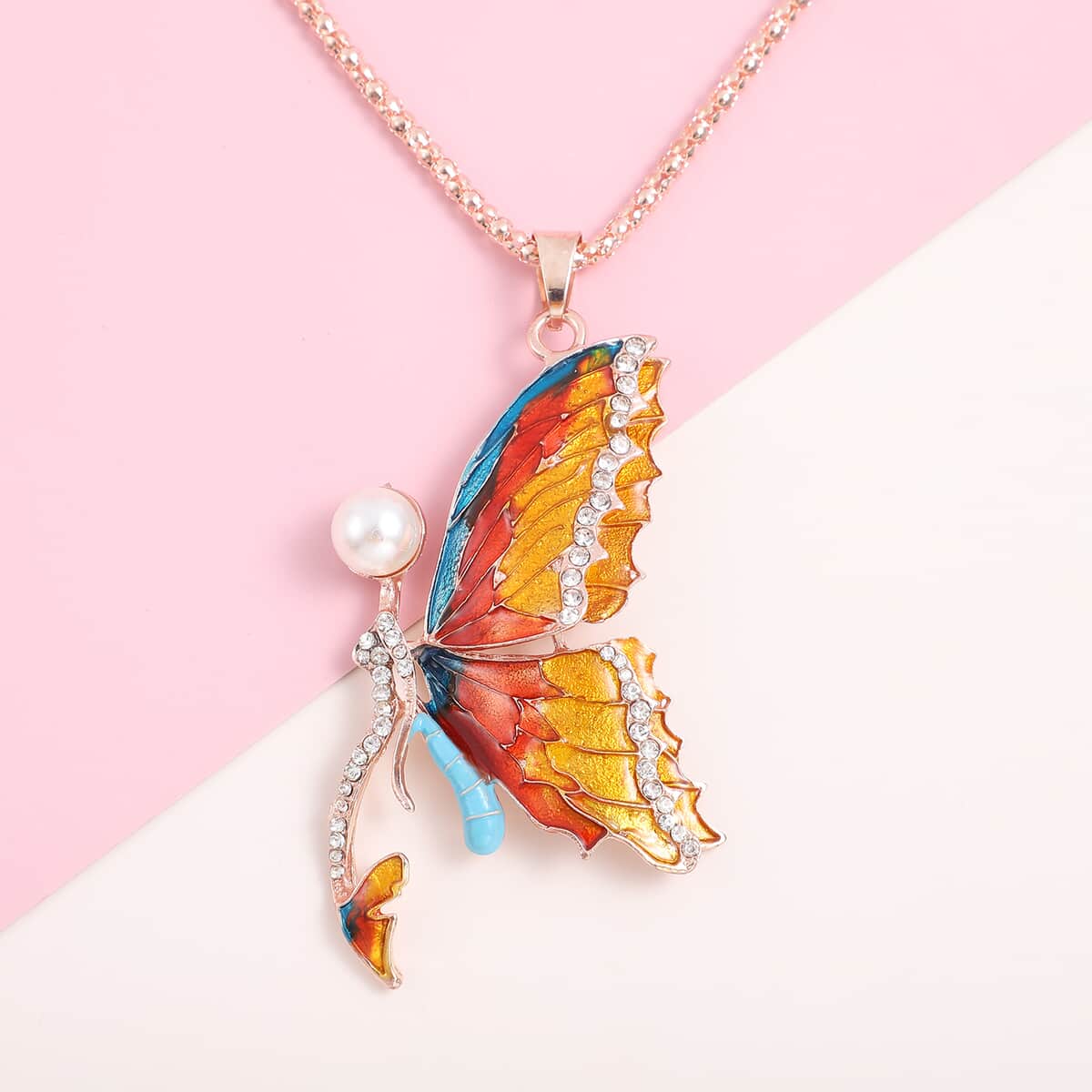 Butterfly Simulated Pearl and White Austrian Crystal Enameled Fairy Pendant Necklace 28 Inches in in Rosetone image number 1