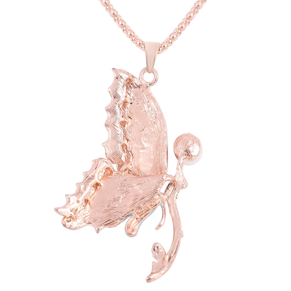 Butterfly Simulated Pearl and White Austrian Crystal Enameled Fairy Pendant Necklace 28 Inches in in Rosetone image number 2