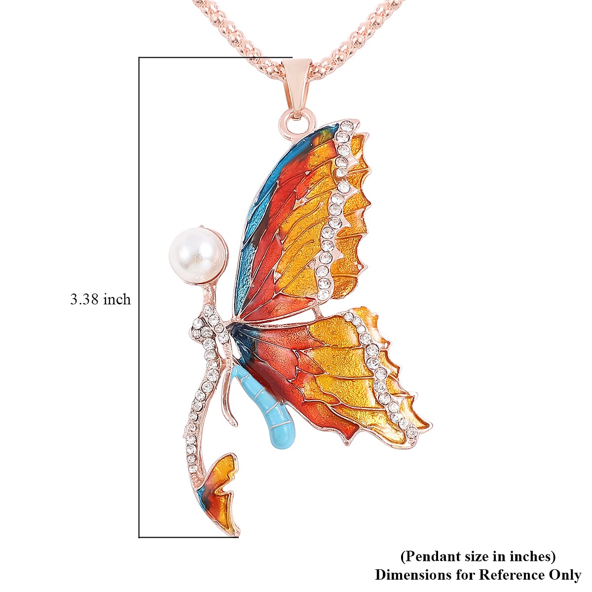 Butterfly Simulated Pearl and White Austrian Crystal Enameled Fairy Pendant Necklace 28 Inches in in Rosetone